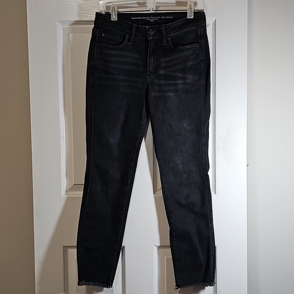 Chicos Black Jeans Define Me Denim Straight Leg Fringe Raw Hem Ankle Size 2